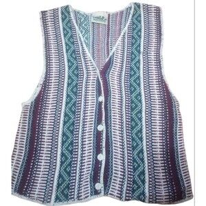 Vintage Sweater Size Small Aztec Knit Weave Button Up Colorful Made In USA